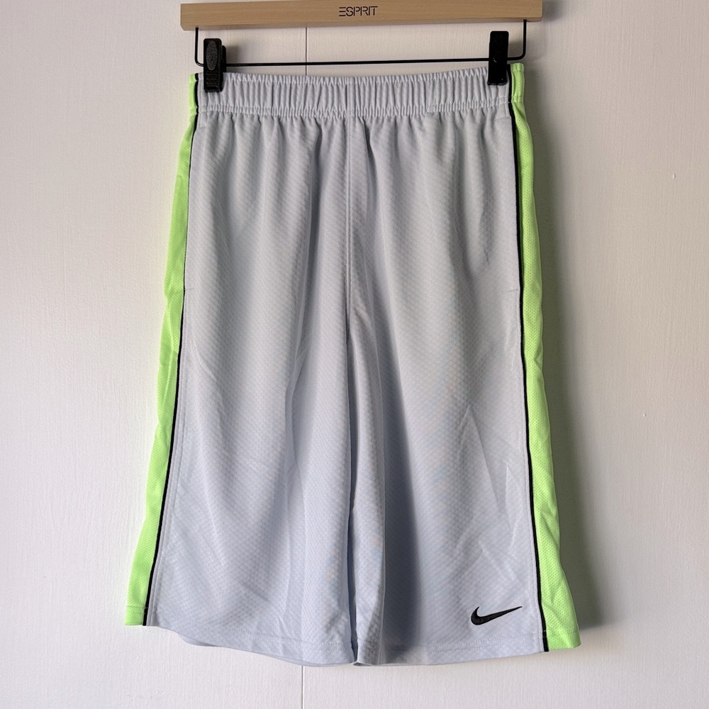 Nike Boy’s Light Gray Shorts with Neon Green Accents Dri-Fit Size XL Boys
